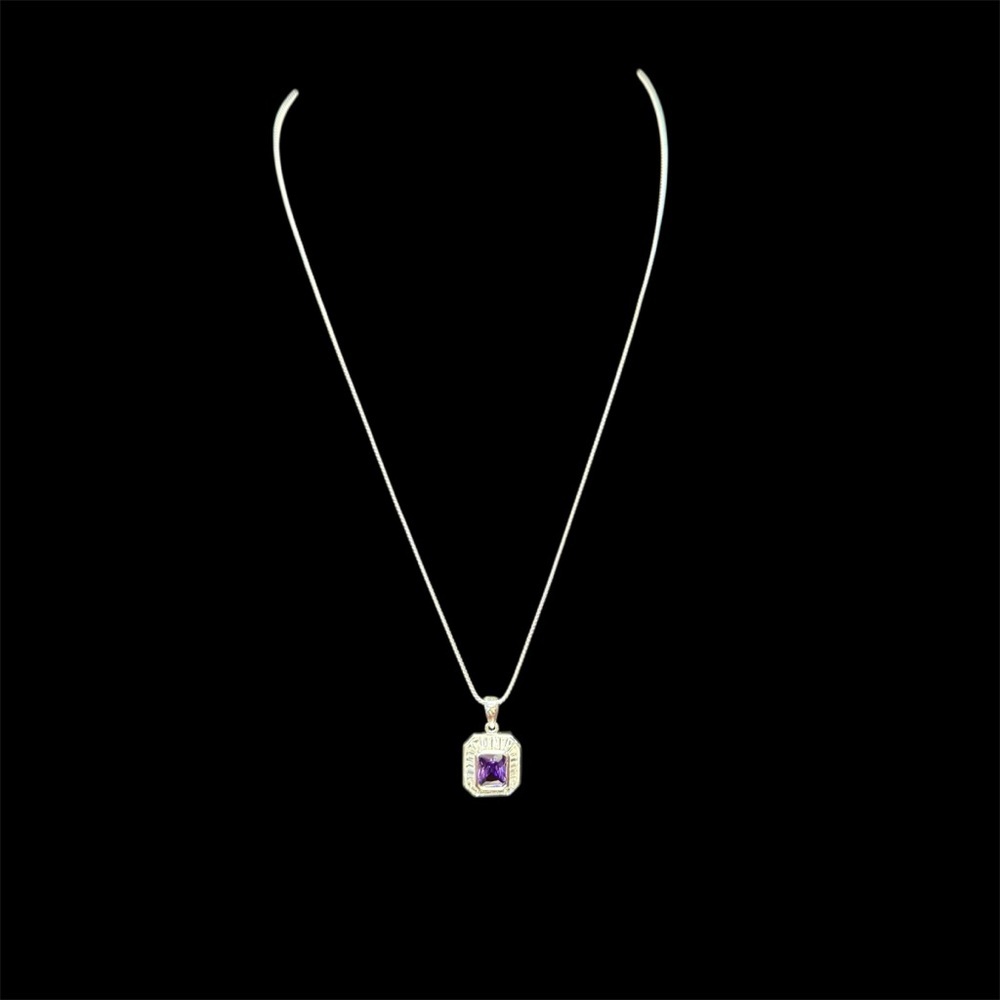Avon Sterling Silver amethyst  colored Pendant Necklace with baguette accents